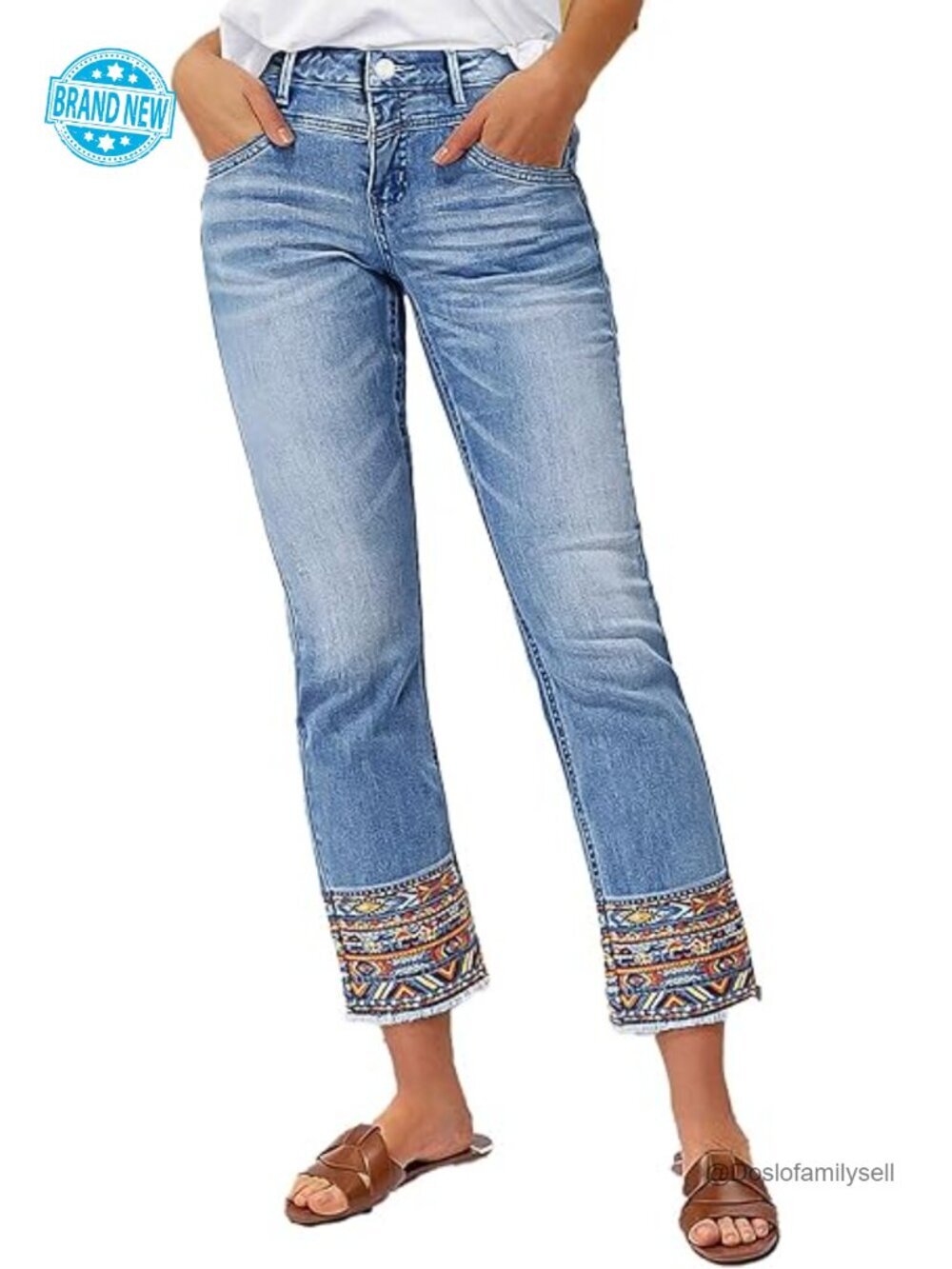 Straight Leg Cropped Jeans Mid Rise Stretchy Tribal Embroidery Raw Hem Ankle